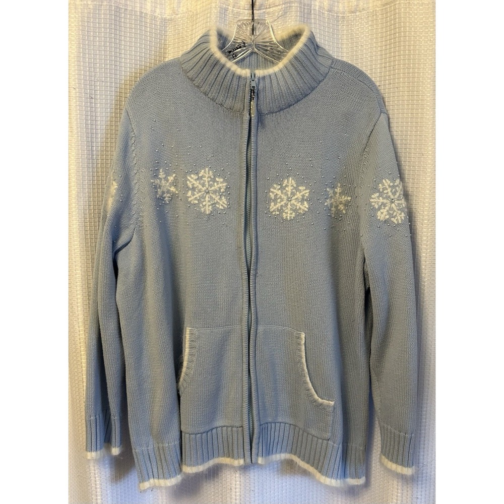 VTG Y2K Quacker Factory Nordic Snowflake Sweater Zip Cardigan Blue 1X Grandma
